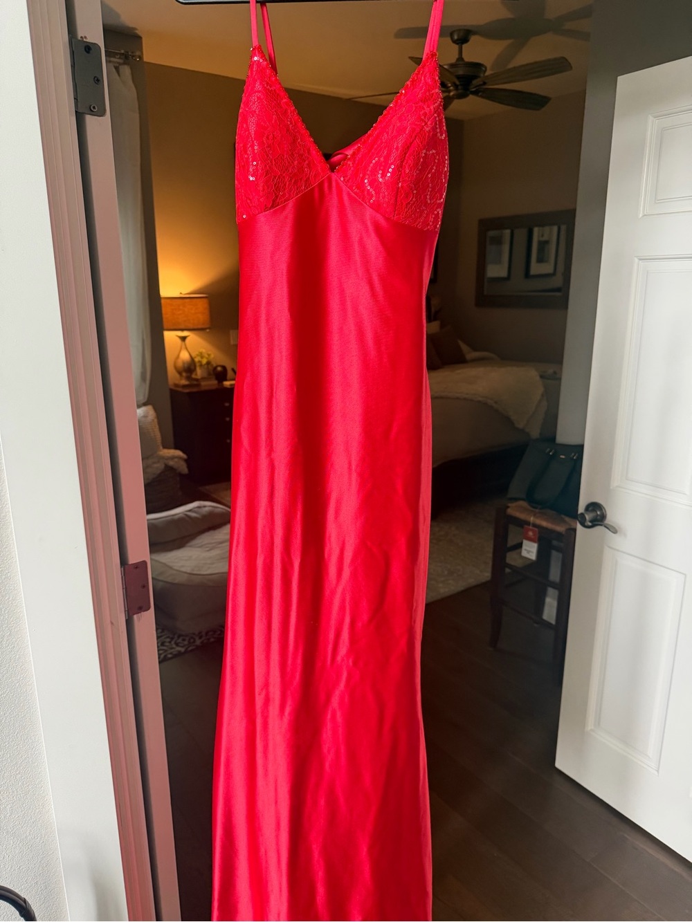Red Spaghetti-Strap Prom Dress with Lace Bodice